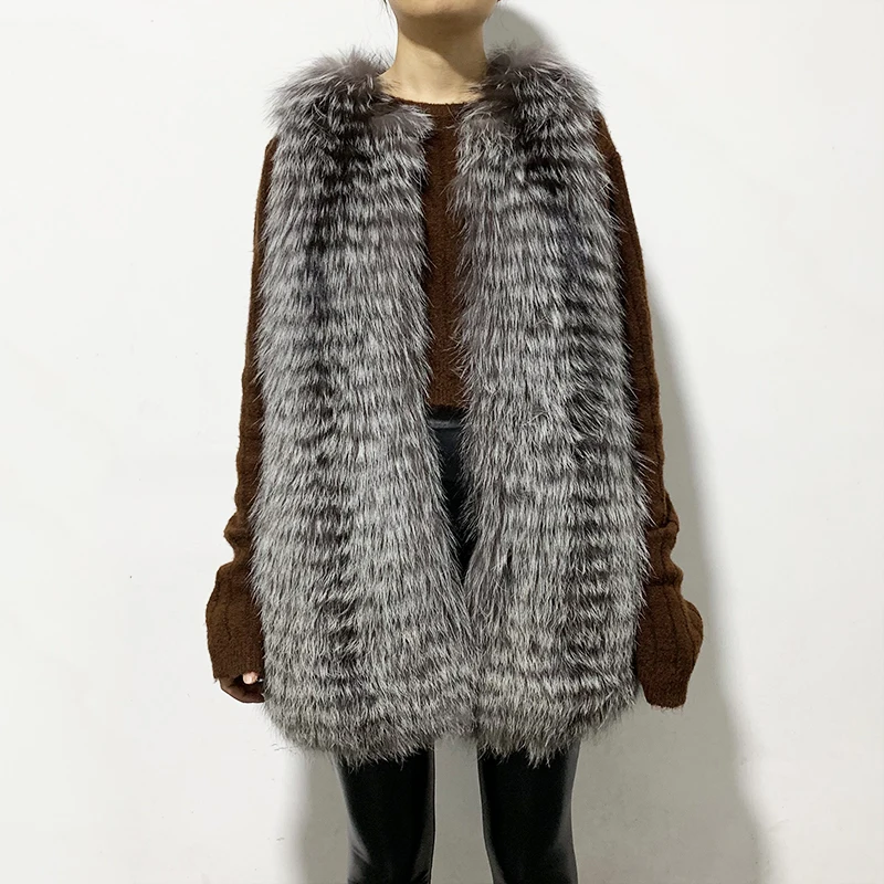 Natural Silver Fox Rf2056 уличная мода, жилет из меха серебристой лисы и красной лисы, женский полосатый жилет из натурального меха винно-синего цвета, жилет из натурального меха, жилет из натурального меха - Цвет: Natural Silver Fox