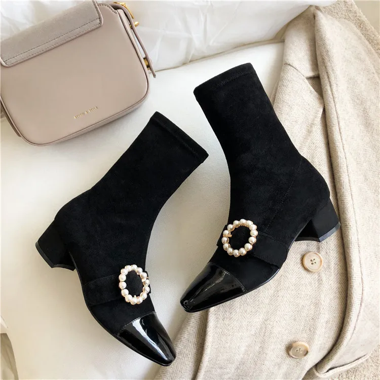 

2019 Autumn Pearl Decor Belt Buckle Design Short Booties Med Heels Side Zipper Women Ankle Boots Square Toe Shoes Women Hot