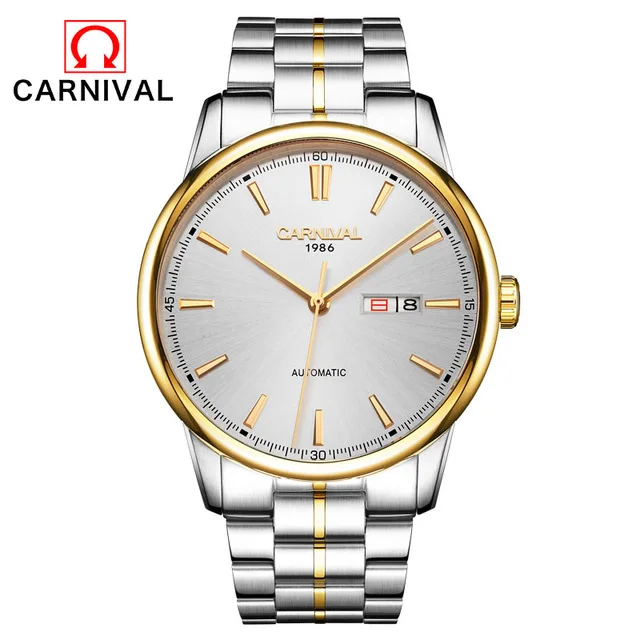 Gold White Карнавал автоматические механические деловые мужские часы из нержавеющей стали мужские водонепроницаемые часы наручные часы Relogio Masculino - Цвет: Gold White