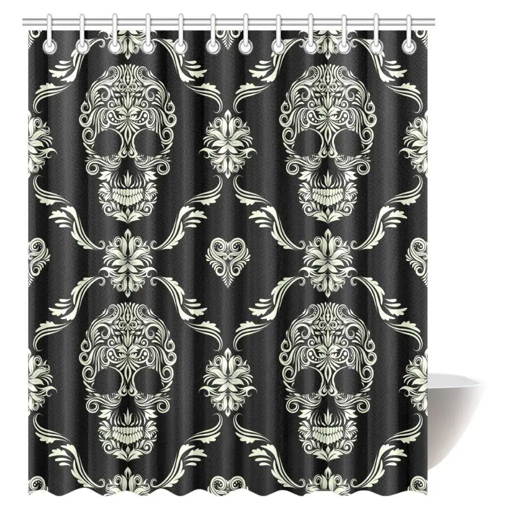 

Gothic Shower Curtain, Ornament with Skull Goth Skeleton Floral Design in Baroque Style Fabric Bathroom Shower Curtain,