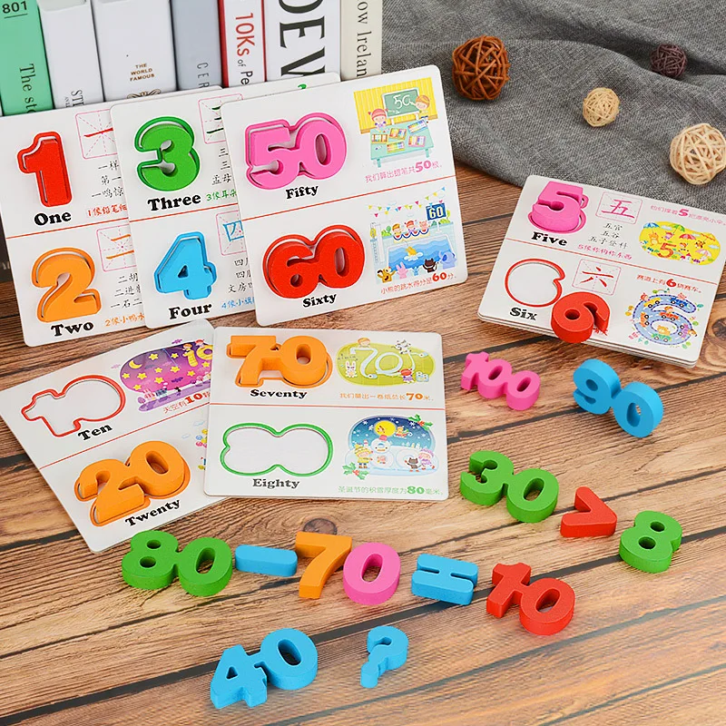 

Saors Children Wooden Early Education Toy Baby Recognize Figure English Lettered with Numbers Card Jigsaw Puzzle Building Blocks