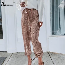 

High Waist Pants Women's Sequined Trouser Casual Drawstring Pantalon Loose Vintage Spliced Bottom Female Ankle-Length Pants