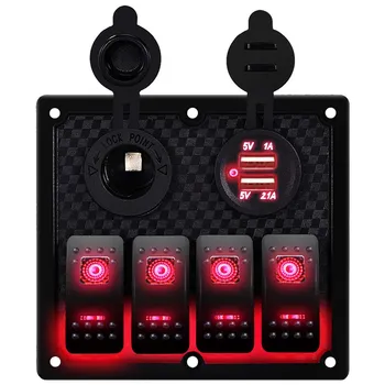 

12V-24V 4 Gang Car Marine Boat Circuit RV LED Toggle Rocker Switch Panel Breaker Voltmeter with Fuse Double USB for RV Car Boat