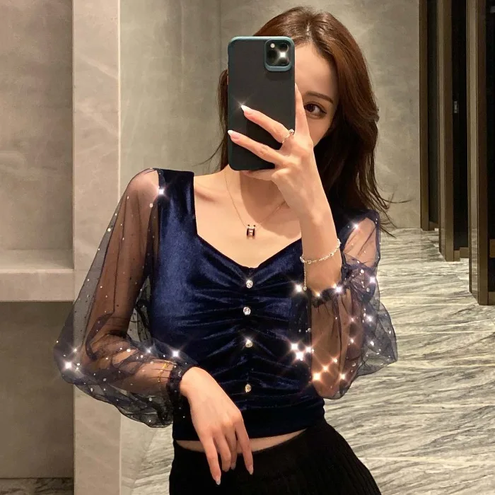 Сексуальные Блузы mujer de moda, сетчатые женские блузки с длинным рукавом, модный брендовый укороченный топ, велюровые женские футболки, осенний стиль, новинка