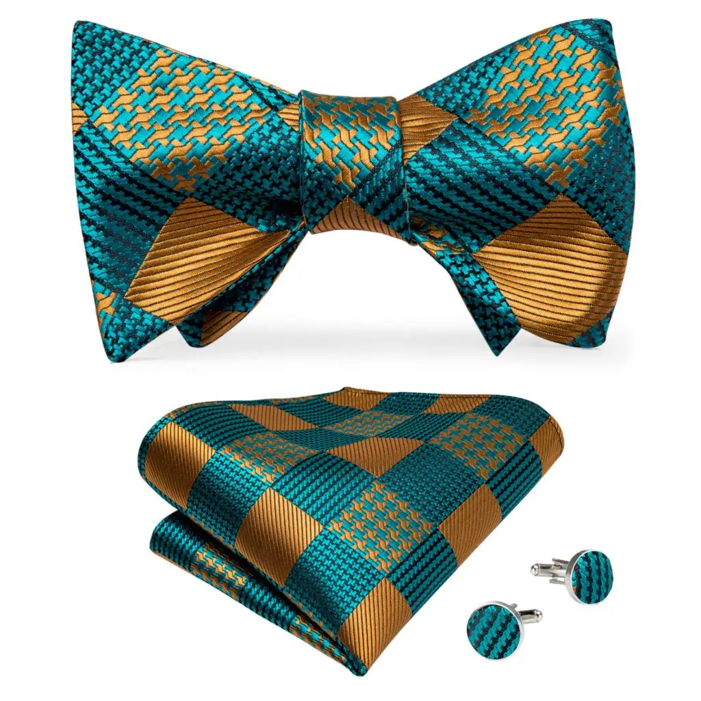 Men Butterfly Tie Blue Gold Green Red Self Bowtie For Men Silk Hanky Cufflink Suit Collar Removable Bowtie DiBanGu Designer - Цвет: LH-085
