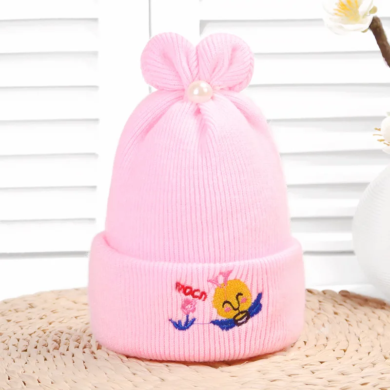 Шапки из хлопка для новорожденных, детские шапки унисекс с вышитой Пчелой, кашемировые шапки на осень и зиму, теплая шапка для мальчиков и девочек 0-6 месяцев - Цвет: Pink