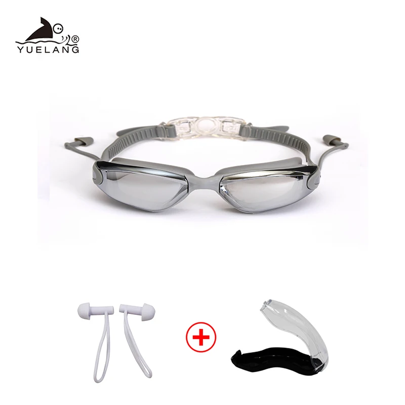 100 шт плавательные очки затычки для ушей водонепроницаемые очки HD анти-туман Анти-УФ тяга Пряжка взрослые силиконовые очки гальванические - Цвет: Серый