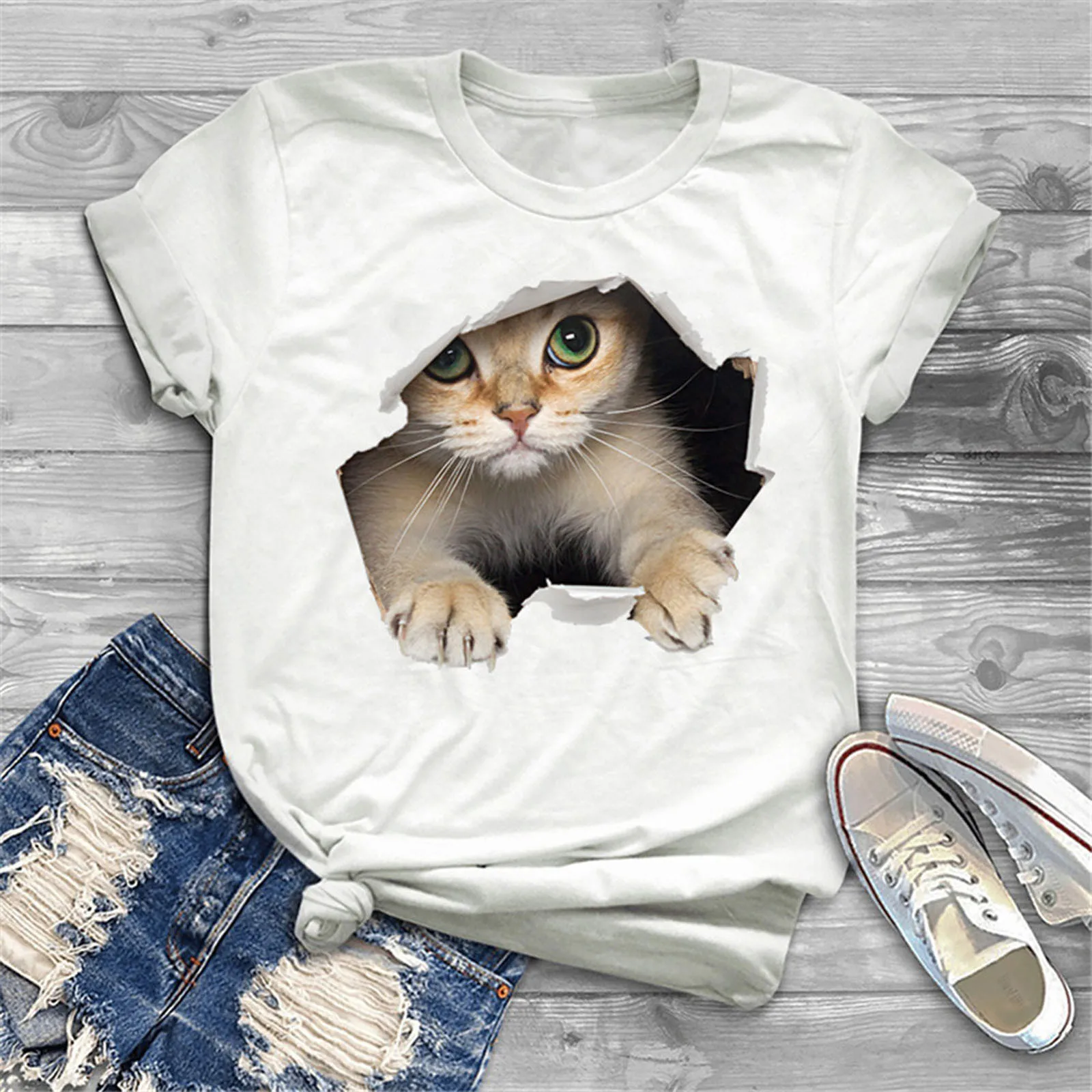 Camiseta Feminina Tee T-shirt Women Short Sleeve 3d Cat Animal Print Striped Casual Top T-shirt Ropa De Mujer футболка женская tees