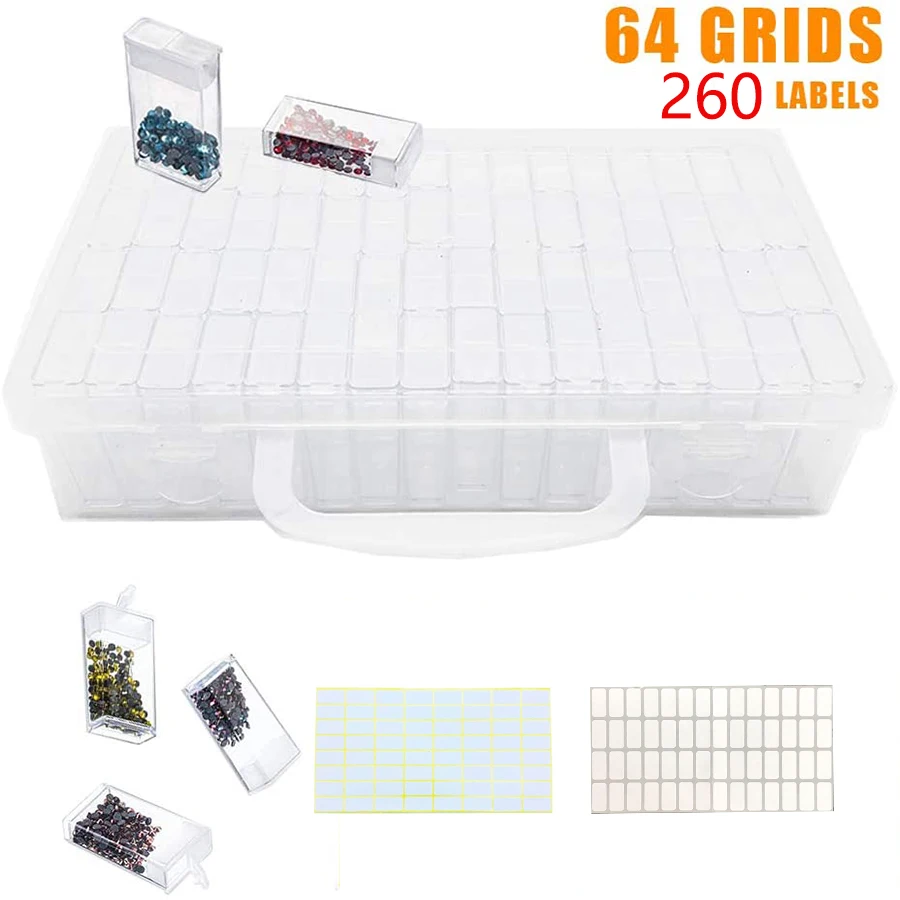 

NEW 64 Grids Diamond Embroidery Box,Jewelry Drill Storage Box,Diamond Painting Storage Containers with 260 PCS Stickers Label