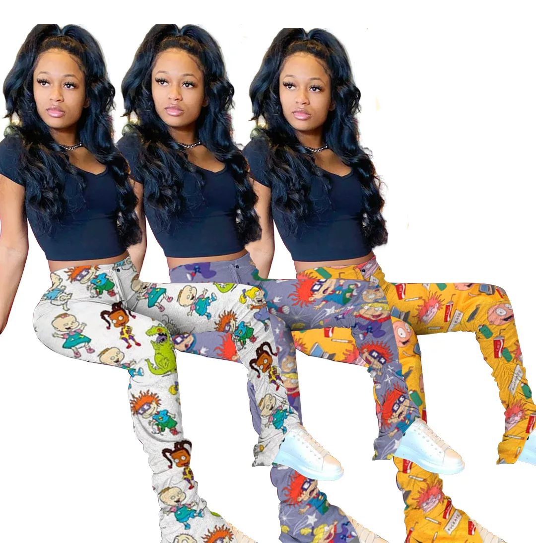 

Cartoon Print Sexy High Waist Ruched Stacked Sweatpants Women Elastic Plus Size Skinny Trousers Split Hem Leggings Flare Pant