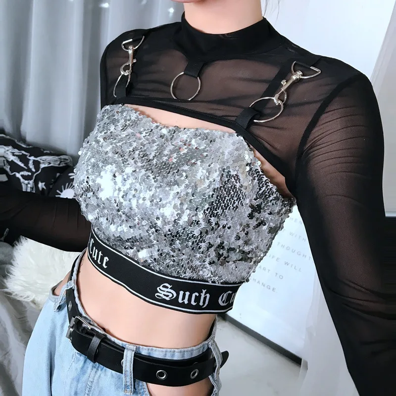 ArtSu рубашка Harajuku, черный сетчатый топ, укороченная футболка, женская панк готическая Сексуальная женская прозрачная футболка с длинным рукавом, осенняя ASTS21205