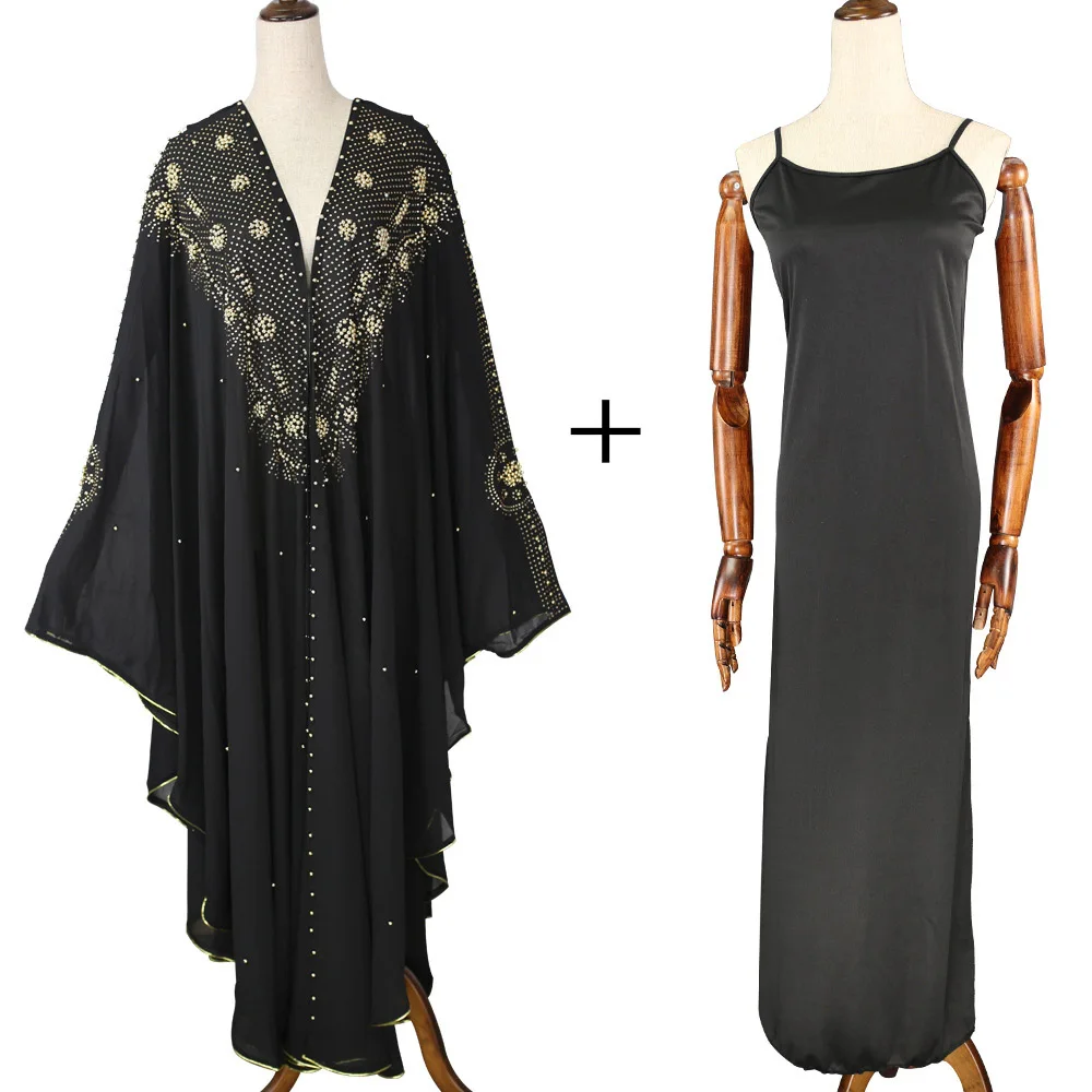 Abaya Jilbab Muslim Maxi Dress Solid Two Piece Plus Size Beaded Kaftan Long High Waist Vintage Fashion Islamic Clothings Robe