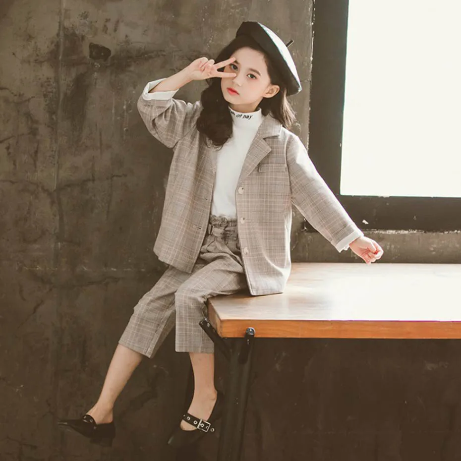 Одежда для подростков, девочек Повседневное пиджак и юбка костюм со штанами для девочек, штаны с эластичной резинкой на талии с одежда с поясом для девочек на осень в Корейском стиле детские костюмы