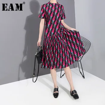 

[EAM] Women Pattern Printed Temperament Dress New Stand Collar Short Sleeve Loose Fit Fashion Tide Spring Summer 2020 1T963