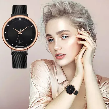 

Women Watches Top Brand Luxury Quartz Movement Stainless Steel Sliver White Dial Magnet Mesh Band Wristwatches relogio feminino
