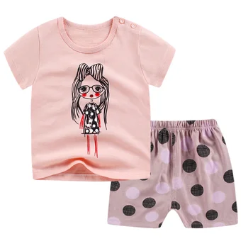 

Summer Infant Baby Girl Short Sleeve Suit Cartoon Portrait Printing T-Shirt + Dot Printing Shorts Cotton Clothing 6M-4T