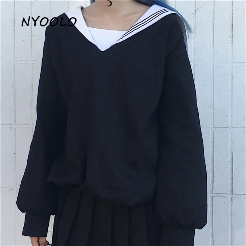 NYOOLO консервативный стиль Harajuku японские девушки матросский воротник чёрное худи осень хлопок длинный рукав пуловеры толстовка женская ткань - Цвет: long style