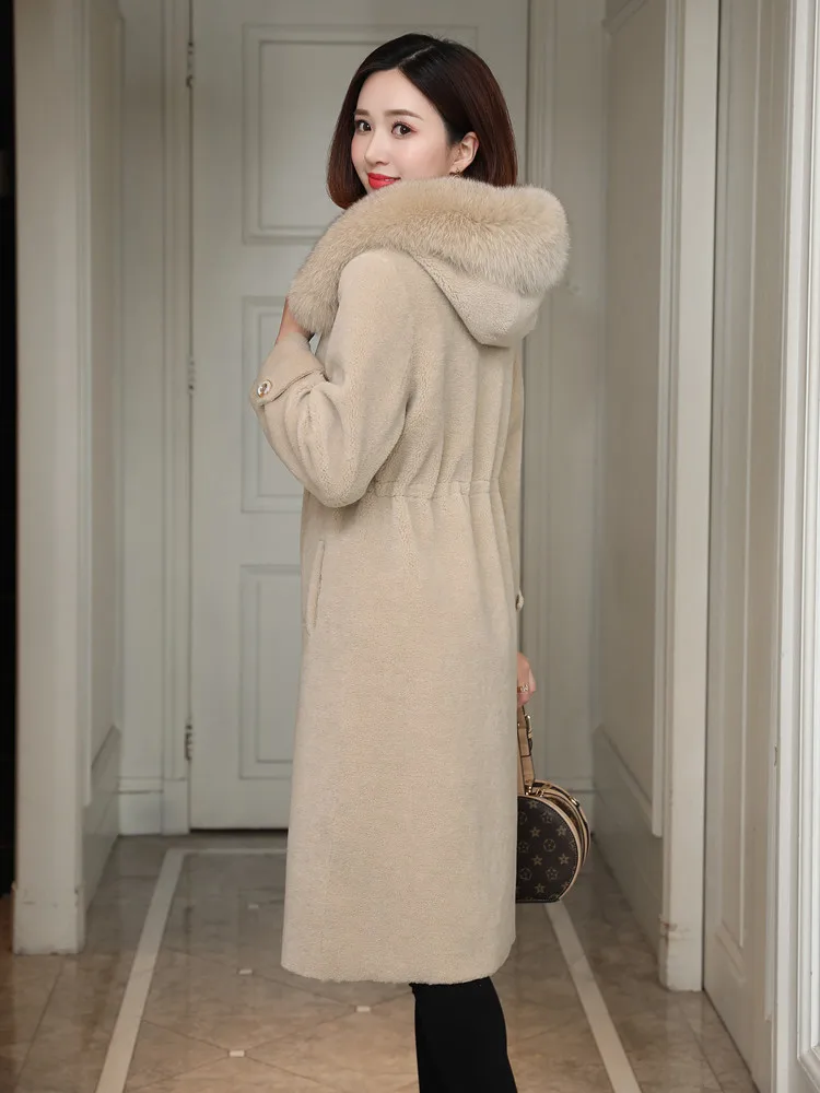 Tcyeek Women's Fur Coat Female Winter Jacket Women Natural Fox Fur Sheep Shearing Coats Long Warm Real Wool Jackets 00618