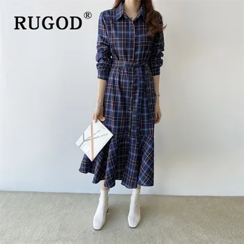 

RUGOD 2020 Spring Retro Korean Pleated Maxi Dress Full Sleeves Top For Women Elegant Casual Mermaid Ladies Dresses Collect Waist