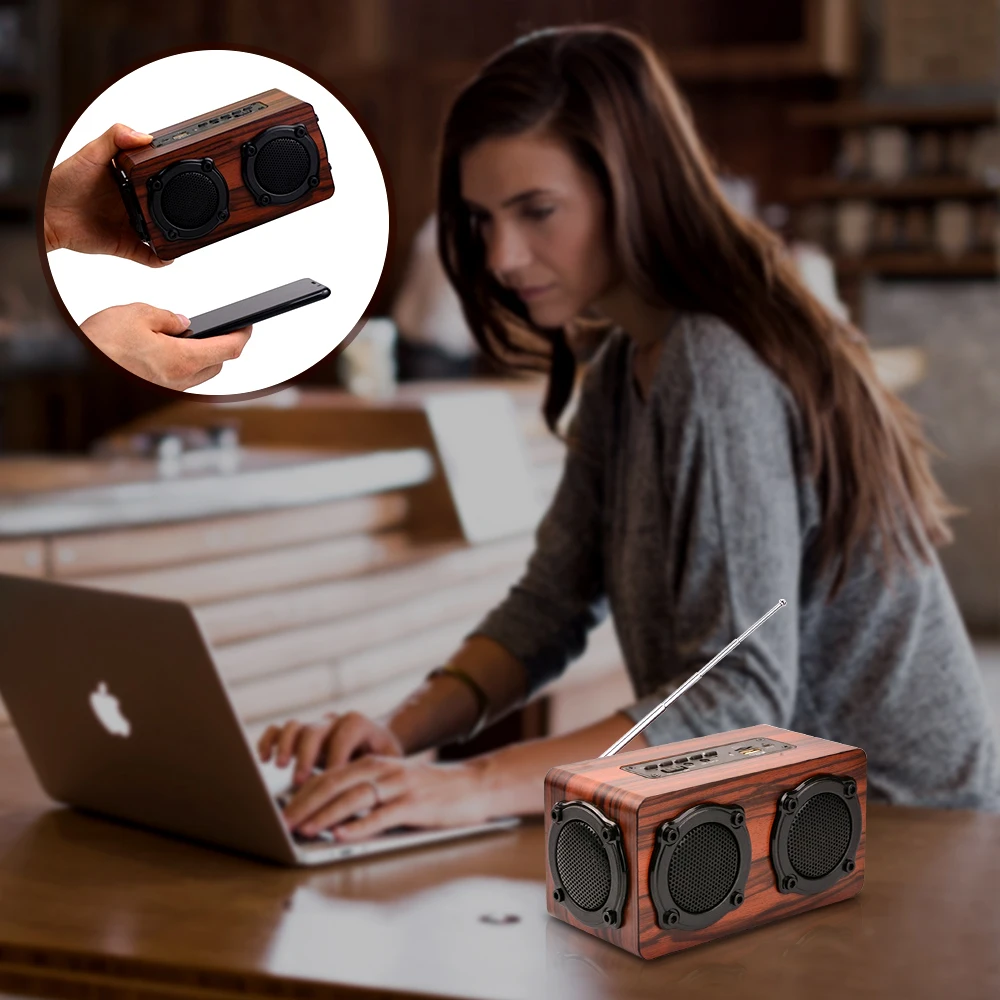 Bluetooth Speaker Wooden Portable Wireless Bass Stereo Speaker SD Card Retro FM Radio TF AUX Portable Outdoor Speakers For Phone