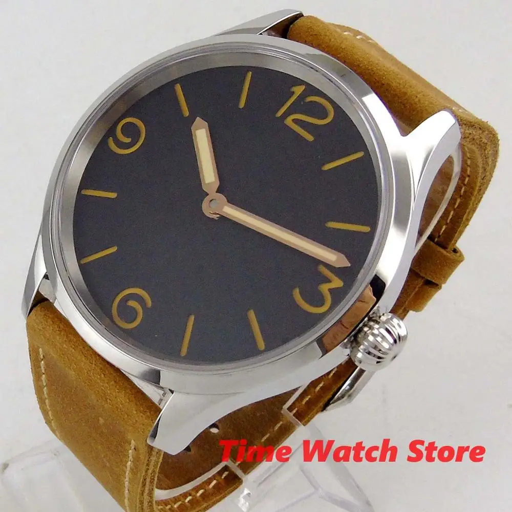 

43mm hand wind 17 jewels 6497 watch men sapphire glass waterproof brown leather strap black dial
