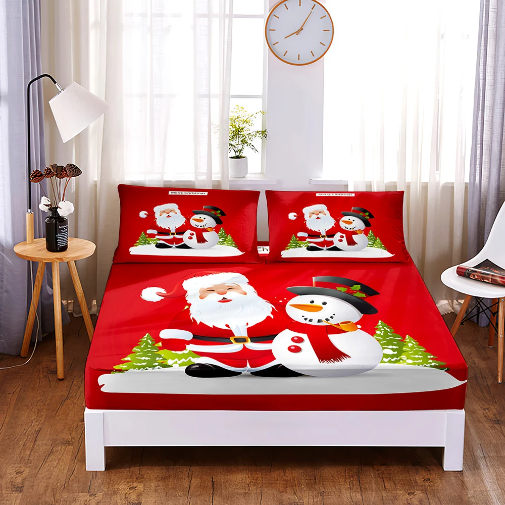 

ChristmasSnowman Digital Printed 3pc Polyester Fitted Sheet Mattress Cover Four Corners with Elastic Band Bed Sheet Pillowcases