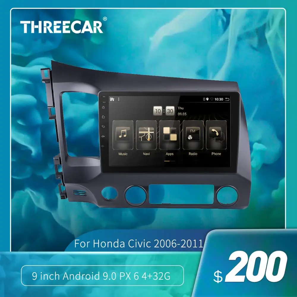 Threecar 2din Android 9.0 Ouad Core PX6 Car Radio Stereo for Honda Civic 2006-2011 GPS Navi Audio Video Player Wifi HDMI DAB +