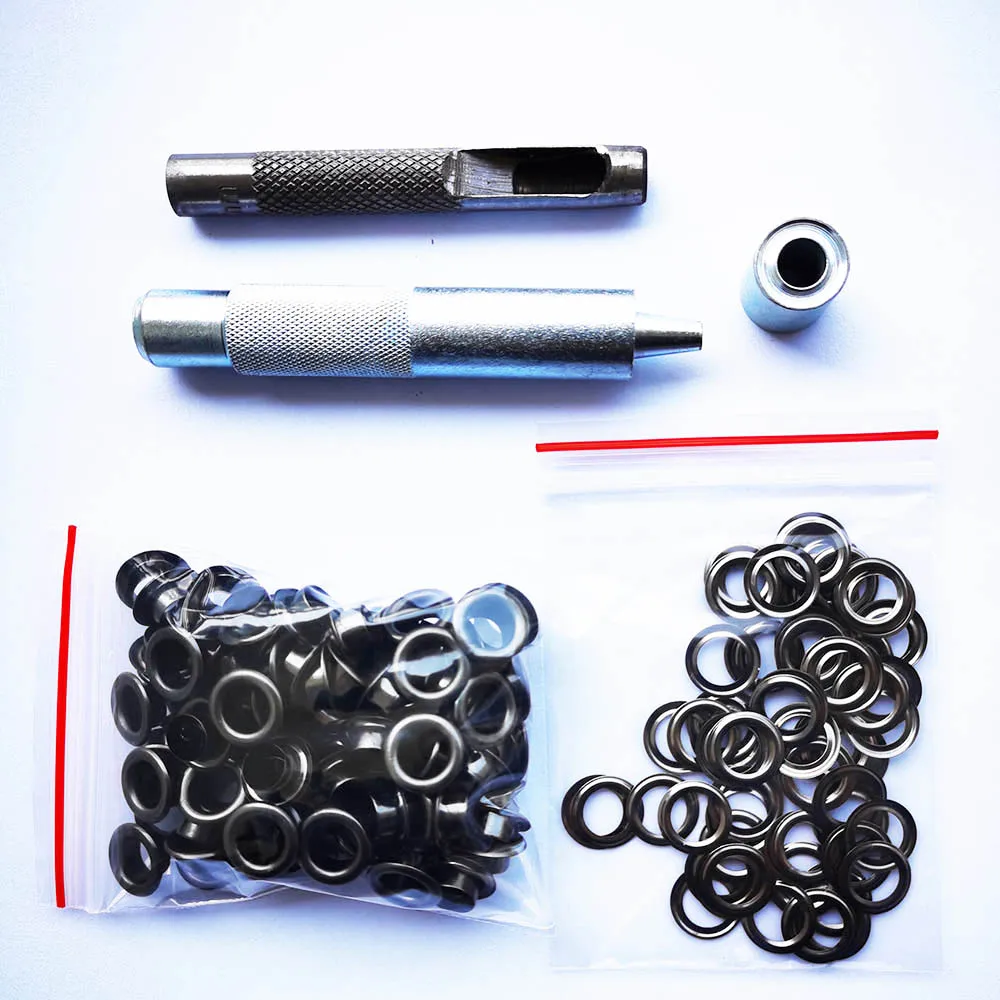 Eyelet Grommet Ring Kit 100Set Eyelets 4~14mm and 3Pcs Eyelet Punch Die Tool Set