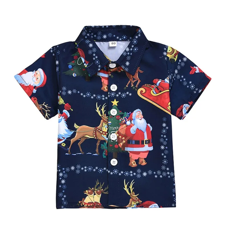 Одежда для маленьких мальчиков; рубашка с короткими рукавами для рождественских праздников; рубашки с принтом с героями мультфильмов; топы для детей; Повседневная Блузка; рубашки для маленьких мальчиков - Цвет: Синий
