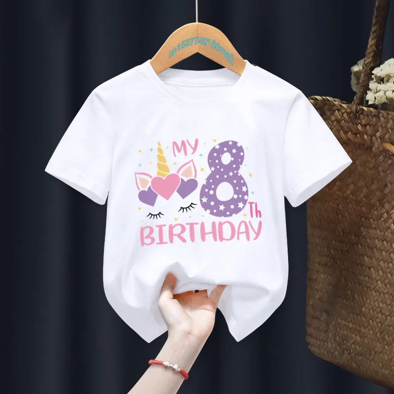 Birthday Gift Present Clothes Children Unicorn Girl My 1-8th Number Fixed printing T-shirt Baby Letter Tops Tee,children t shirt