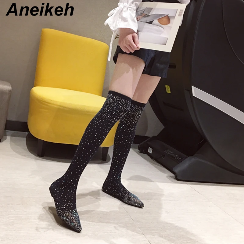 black Aneikeh/ г. Весна-осень, модная прозрачная стелька из эластичной ткани, ботинки женские ботфорты с острым носком на плоской подошве - Цвет: black