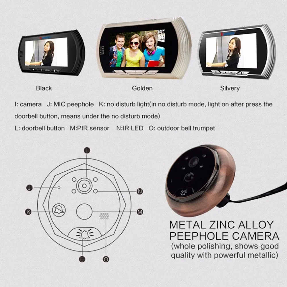YB-43AHD-M 4," HD цветной экран умный дверной звонок просмотра цифровой дверной глазок просмотра камера дверь глаз видео запись ИК ночного видения