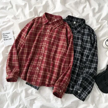 

vintage plaid women shirts 2020 autumn new loose casual all match female home wear shirts outwear coat tops