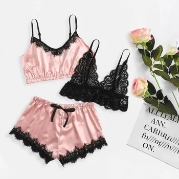 

2020 Sexy Women Satin Lingerie Lace Pajamas 3-Piece set Elegant Sleeveless Top and Shorts Night Suit Set Underwear Sleepwear