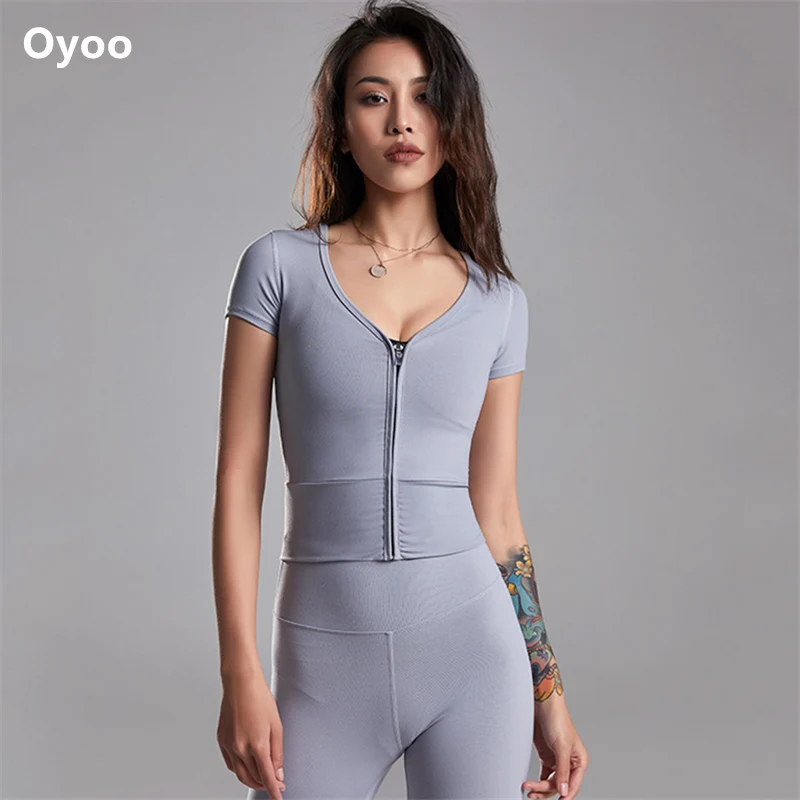 Oyoo на молнии спереди укороченный Топ для женщин slim fit белый обрезанный Йога Спортивная рубашка сексуальный для спортзала футболка розовые топы Спортивные для женщин - Цвет: grey