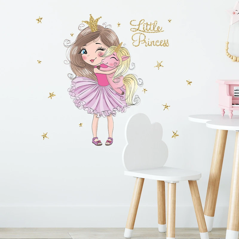 New Princess and Little Unicorn Wall Stickers Girl Cute Dreamy Wall Decor Bedroom Children's Room Living Room Decoration Vinyls