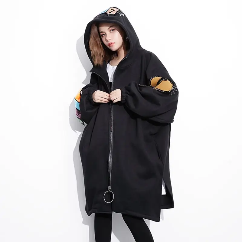black Harajuku Trendy Clothes For Women Plus Velvet Zipper Casual Jacket Female Winter Long Loose Wild Sweatshirts and Hoodies f2410 - Цвет: black