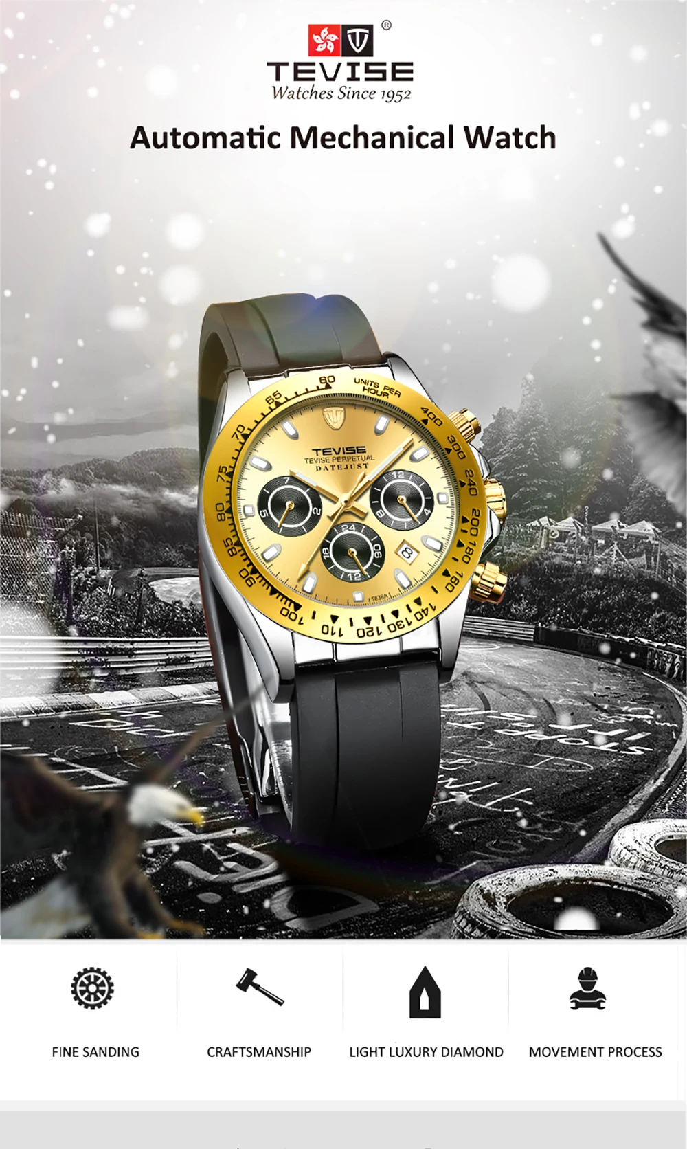 Золотые черные Автоматические Мужские часы механические часы мужские силиконовые многофункциональные спортивные часы Relogio Masculino TEVISE