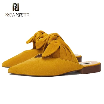 

Prova Perfetto Yellow Butterfly Knot Slippers Women New Fashion Pointed Toe Open Heel Mules Shoes Slip on Shallow Slides