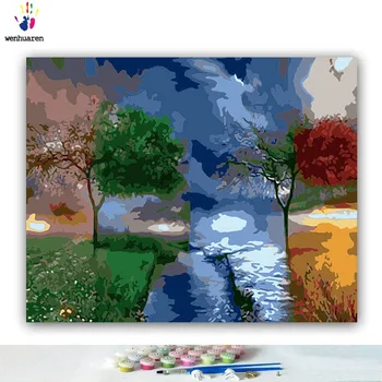 

DIY Coloring Paint Figure Paintings Tree River Abstract by Numbers Four Seasons Landscape Canvas One Piece Classical Propylene