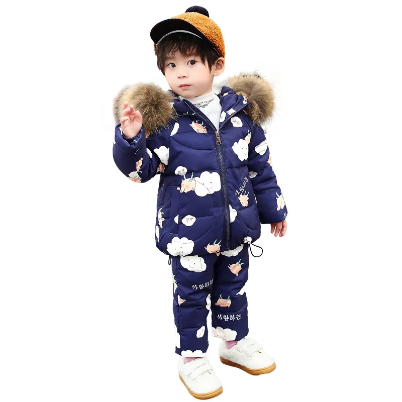 Winter children's down suit Girls pink snow suit Boy ski down suit Baby windproof down jacket+ thick Keep warm down pants