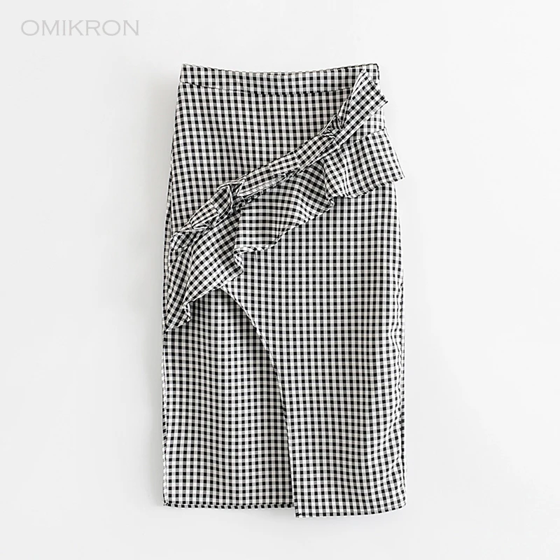 OMIKRON/Новинка, Женская Модная хлопковая юбка, летняя юбка с оборками и разрезом спереди, открытая клетчатая юбка с принтом, повседневные Прямые юбки-карандаш - Цвет: Plaid