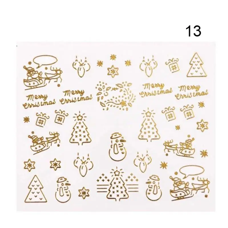 1 лист смешанный дизайн ногтей наклейки для ногтей Водные Наклейки Золото Серебро Рождественская елка олень снег смешанный принт переводная наклейка - Цвет: 13