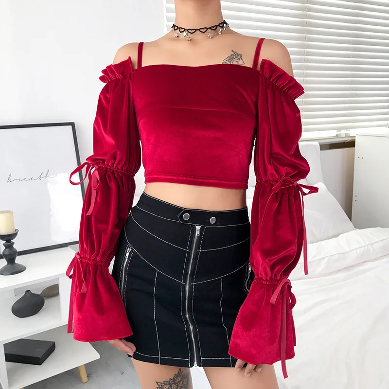 Осенние женские бархатные короткие футболки с длинными рукавами милые