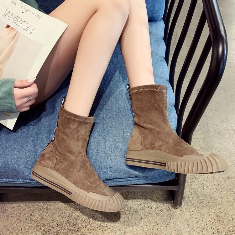 Женские сапоги до середины икры на молнии с круглым носком плоской подошве из