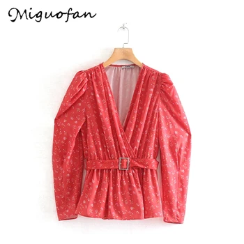 

Miguofan women wrap blouse shirts puff long sleeve red blouse flower printautumn shirts belt sexy v neck female blouse shirts