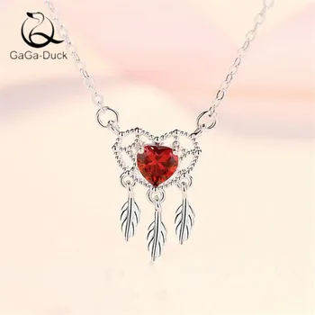 

New Fashion Jewelry Red Heart Shaped 925 Sterling Silver Personality Love Tassel Feather Crystal Pendant Necklaces N447