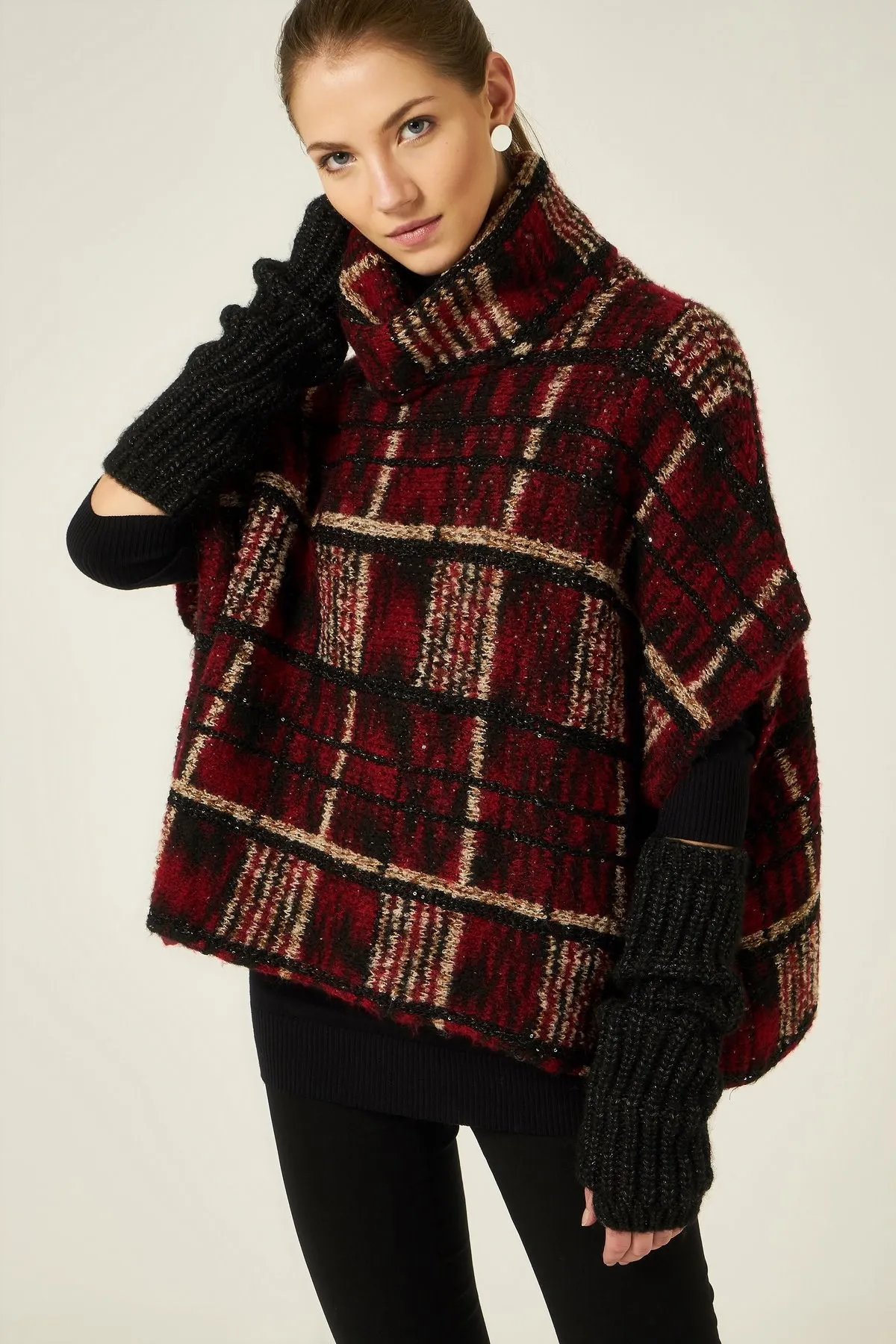 

Plaid Pattern Sequin Turtleneck Pancho