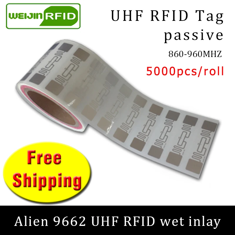 

UHF RFID tag sticker Alien 9662 wet inlay EPC6C 915mhz868mhz860-960MHZ Higgs3 5000pcs free shipping adhesive passive RFID label