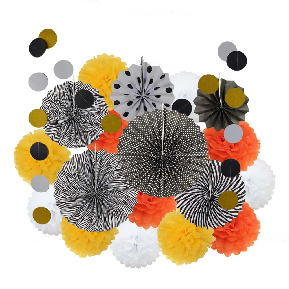 Black Orange Set 19 шт./компл. для маленьких девочек мальчик, кукла спящий младенец вечерние пользу висит бумажные поделки для свадьбы День рождения Декор розовый/синий/желтый/фиолетовый Бумага вентилятор с помпонами - Цвет: Black Orange Set